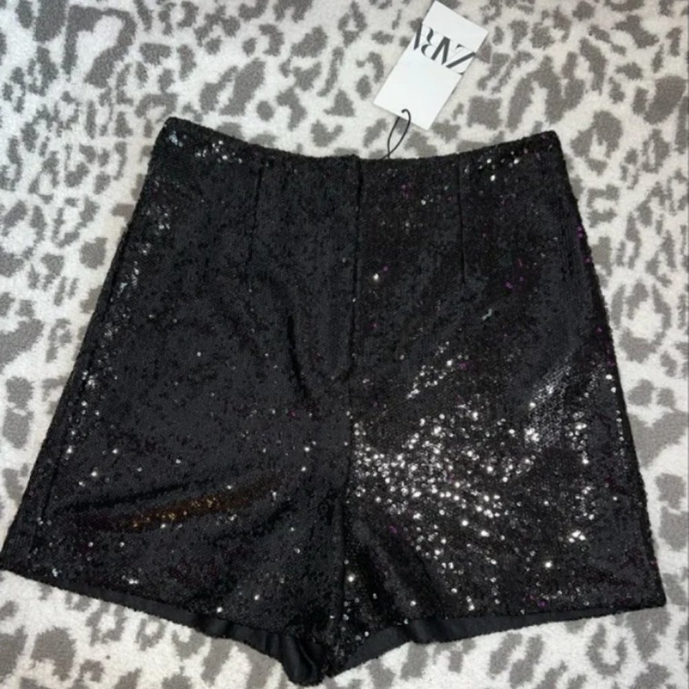 NWT - ZARA BLACK SEQUIN HIGH WAISTED SHORTS
